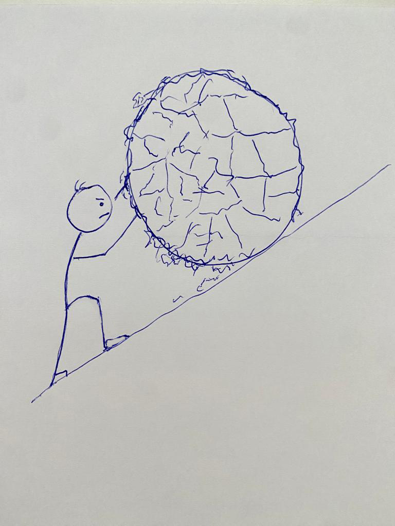 Pushing boulder up the hill